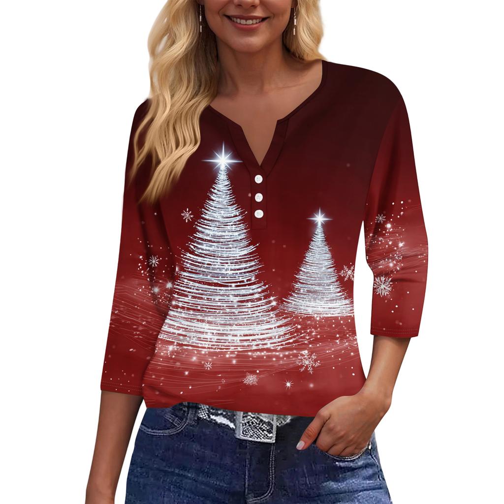 Women's Casual Fashion V-neck Loose Versatile Christmas Print Three-quarter Sleeve Top