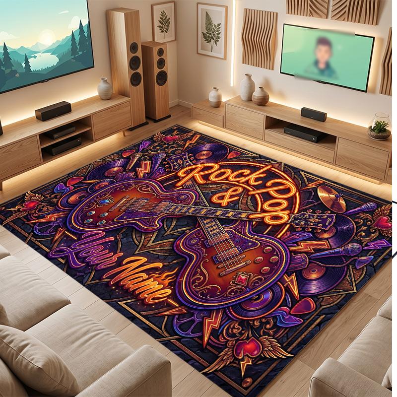 Music Theme Soft Crystal Velvet Rug Custom Name & Text Print Non Slip Floor Rug for Bedroom Living Room