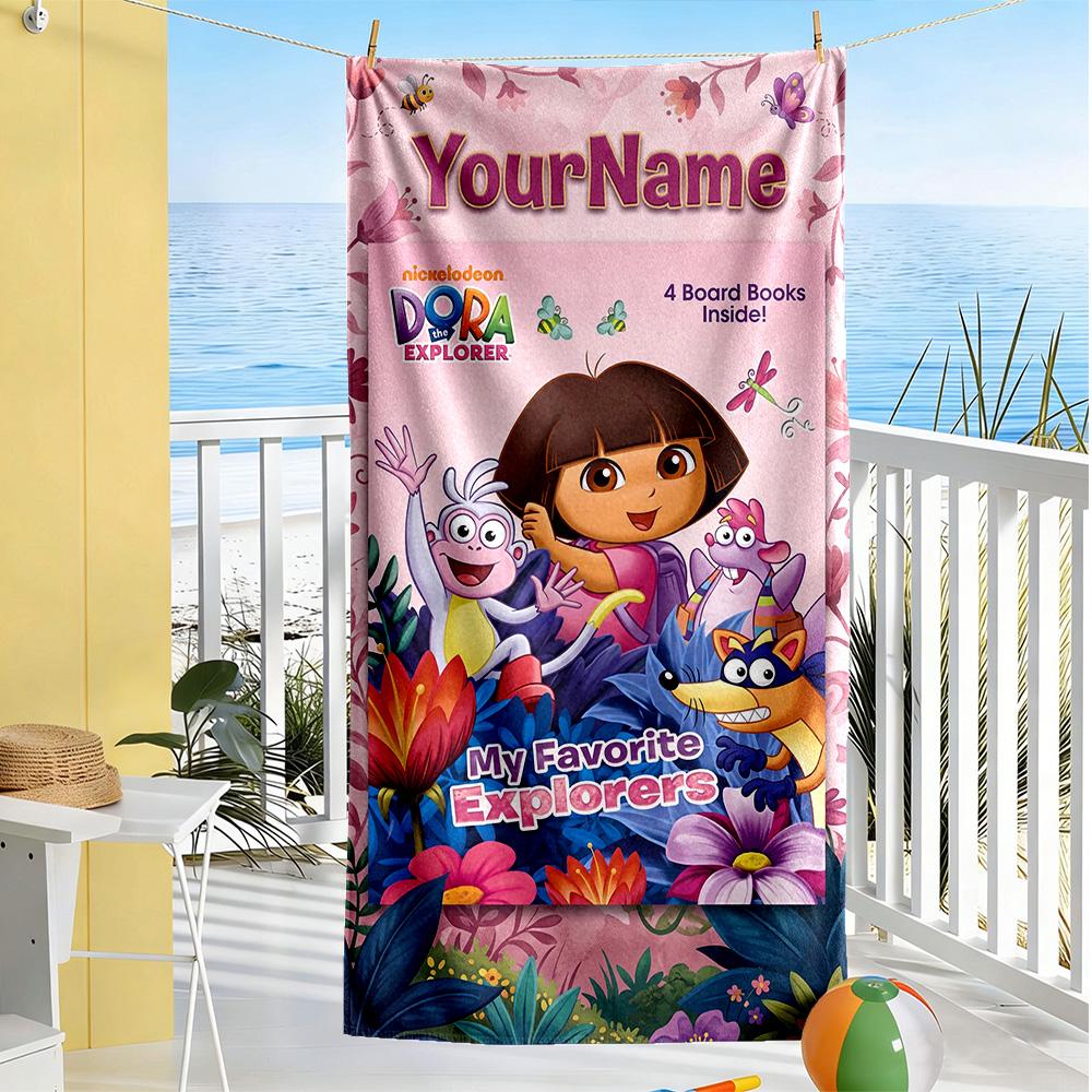 Dora Explorer Customize Text Beach Towel Quick-Dry Soft Microfiber Ideal for Travel Outdoor Swim Pool Yoga Surf Camping Hiking Gym Gift Holiday