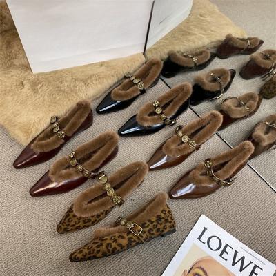 Metal Buckle Mary Jane Small Leather Shoes Fluffy Shoes French Pointed Retro Velvet Women's Warm Single Shoes Cotton Shoes