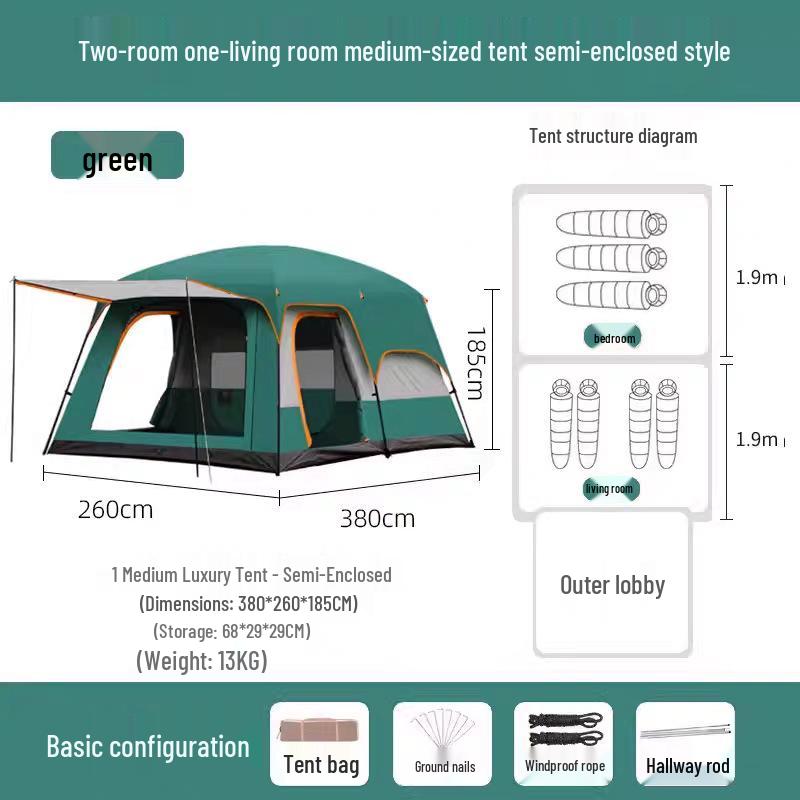 Outdoor Camping Tent: Large, Portable, Sun-Protected, Rainproof, 2 Rooms + Living Area, Fits 8-12 People