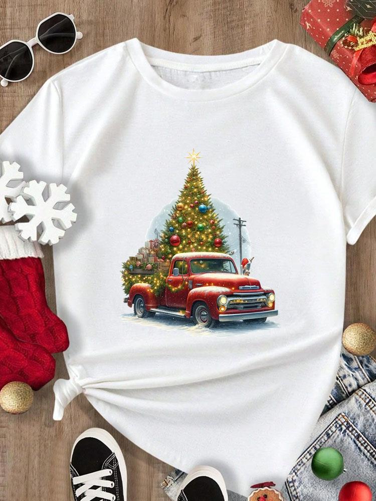 (Asian Size) Tee Merry Christmas New Year Holiday Top festival Casual Women cartoon trend cute Print Lady Short Sleeve Fashion Graphic T-shirts