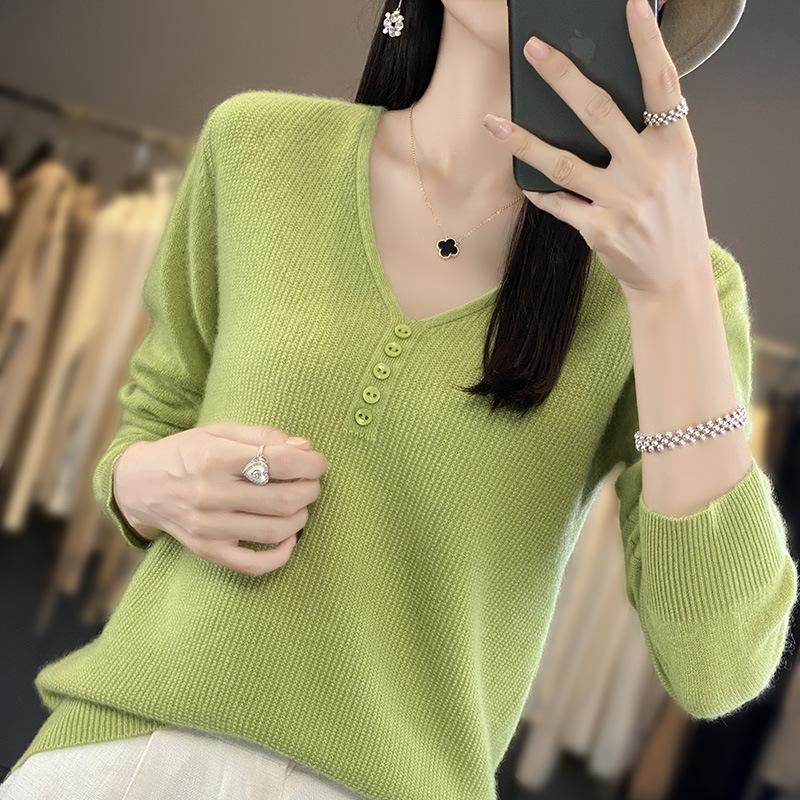 Autumn and Winter New V Tie Buckle Women's Long-sleeved Knitted Sweater Top Loose and Thin Large Size Bottoming Shirt Inside and Outside
