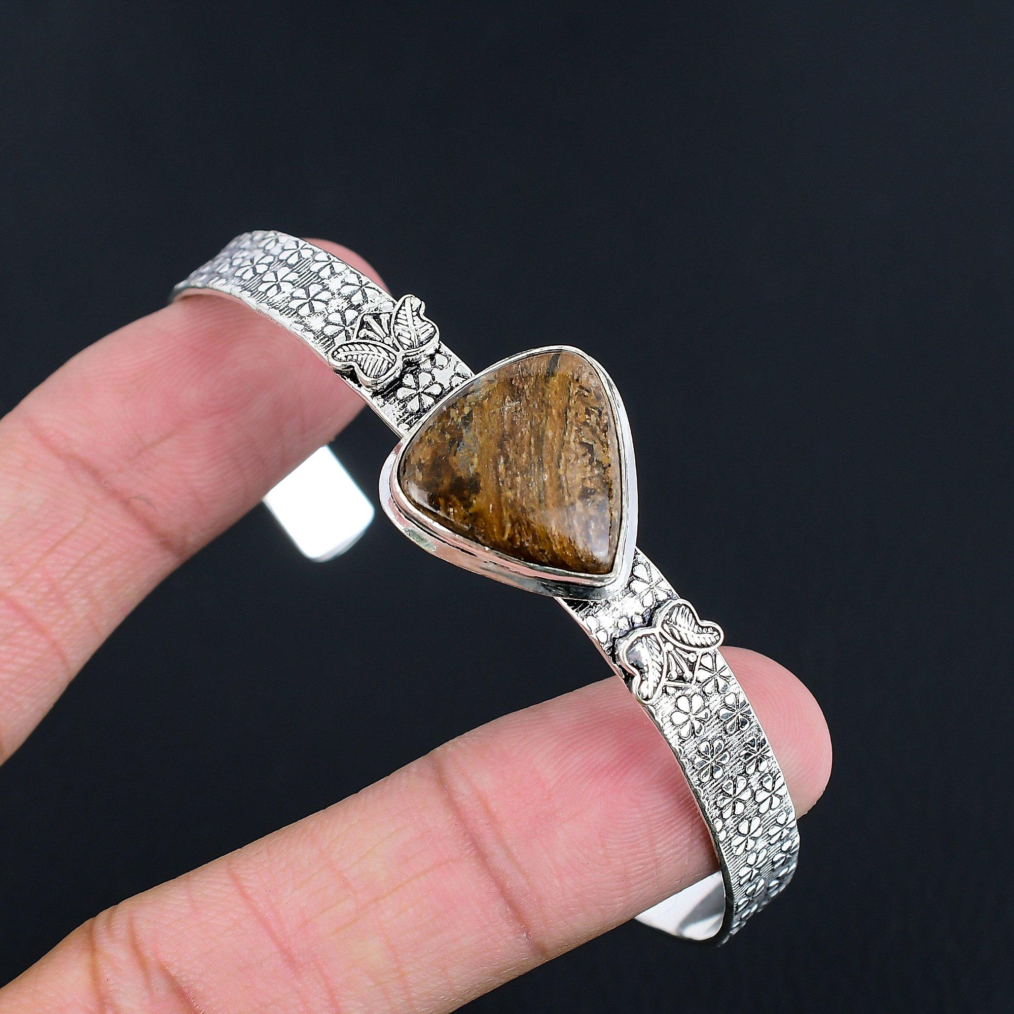 925 Silver Pear Bronzite Stone Trendy Anniversary Wedding Boho Bangle Jewelry Adjustable