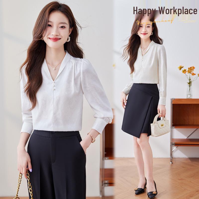 

Women s 2024 Satin V-Neck Long-Sleeve Shirt - Elegant & Slim Fit for Autumn M