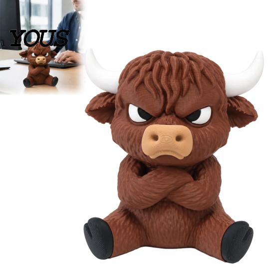 Trendy Animal Figurine 3D Printed Angry Highland Cow Figurine, Cute Attitude Desktop Cool Office Accessories Ornament, Sitting Statue for Home