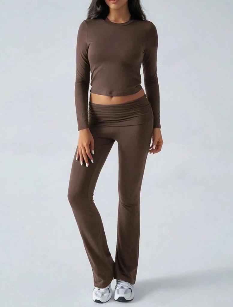 AYJ24T888 Women's Fashion Slim Fit Solid Color Tracksuit - Short Sleeve, Long Pants, Spring/Summer Collection