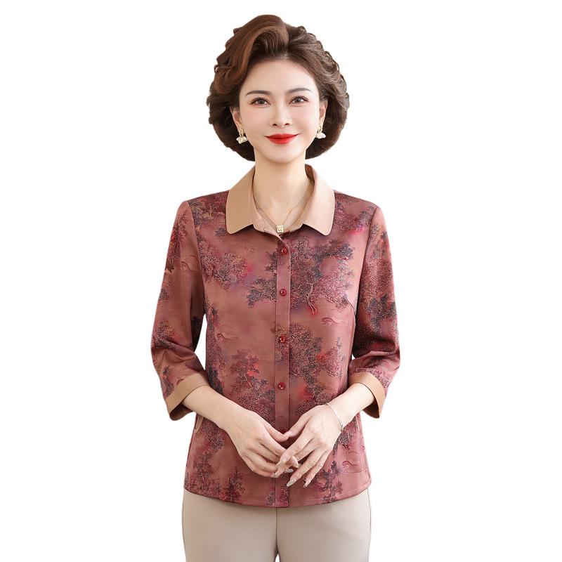 Spring & Summer Seven-Sleeve Imitation Silk Shirt for Middle-Aged & Elderly Women
