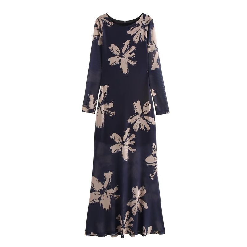 Kaslead New Arrival Women's Clothing Fashion Style Fashion Silm Print Mesh Cinched Hip Bag Long Sleeves Dress