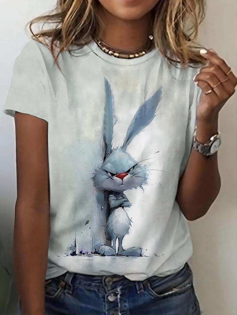 Summer Cartoon Cute Rabbit Printed Women's Short Sleeved T-Shirt Fashion Casual Oversize Tees Elegant Round Neck Woman Clothes
