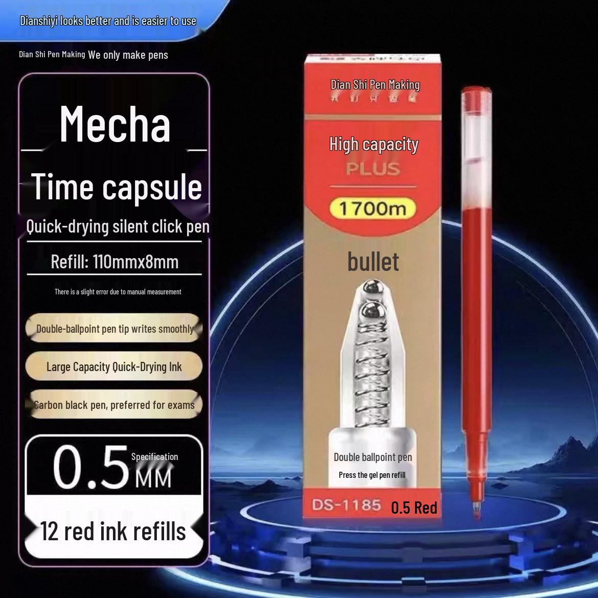 DianShi ZhiBi 0185S Quick-Dry Black Pen: Super Capacity Double Ball, 0.5mm Click Neutral, Ideal for Students 0.5mm Bullet Tip