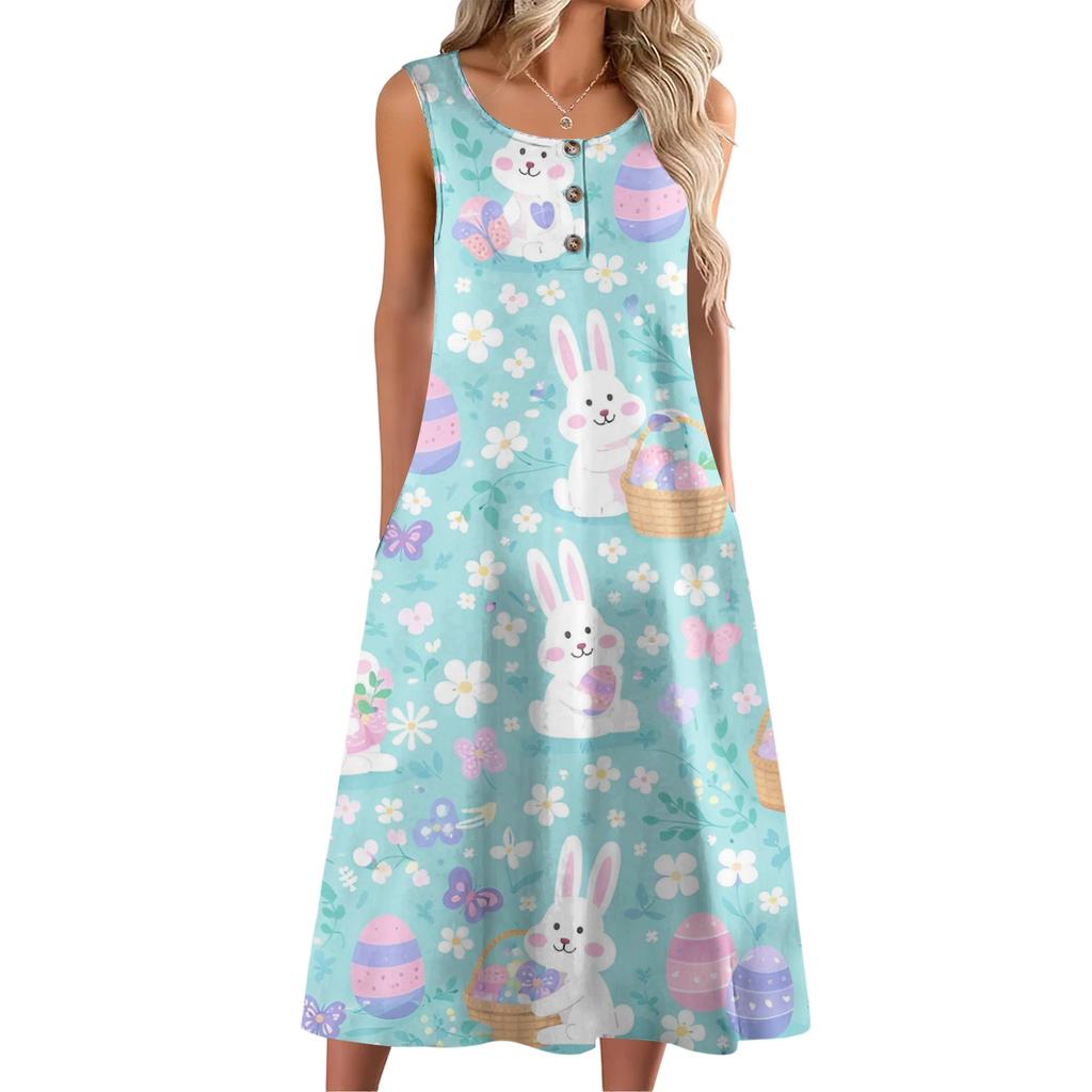 Women Fashion Casual Sleeveless Button Easter Print Dress With Pocket