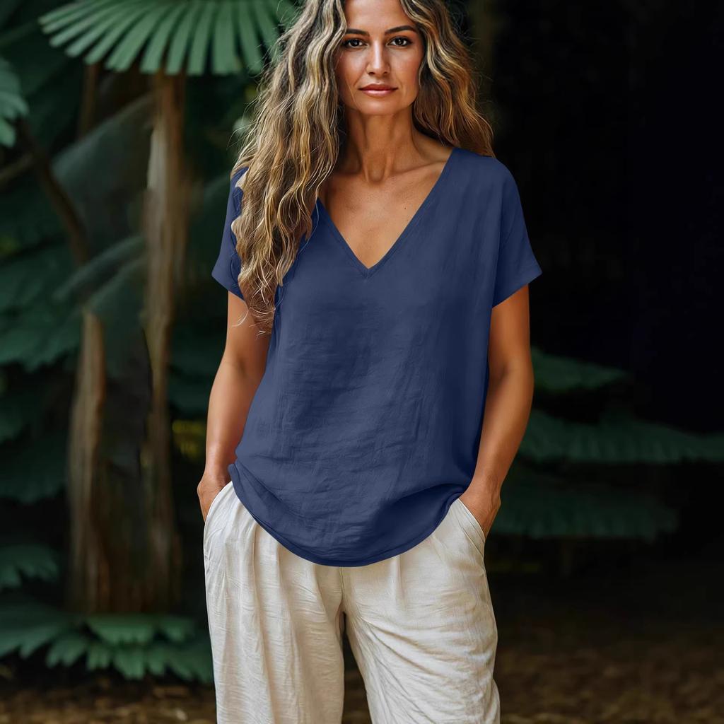 Women's Short Sleeve V Neck Blouse Casual Commute Loose Fit Top For Spring Summer 2026