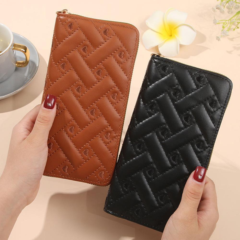 Women's Pu Leather Wallets Credit Card Holder Long Zipper Clutch Female Coin Purses Heart Embroidery Money Bag Wristlet Handbag