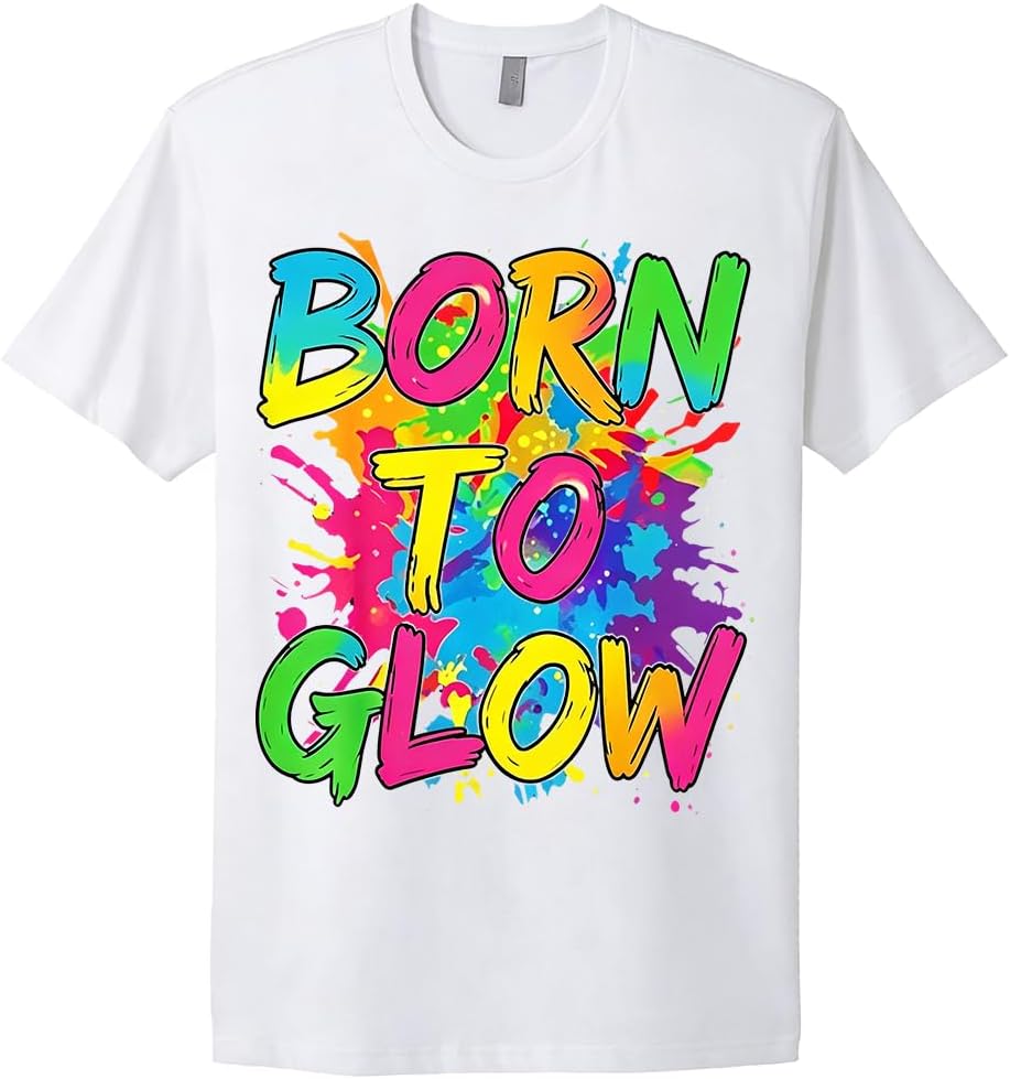 Born to Glow T-Shirt Glow Party Outfit 80s Shirt for Women Casual Crew Neck Short Sleeve Colorful Paint Graphic Tee Tops