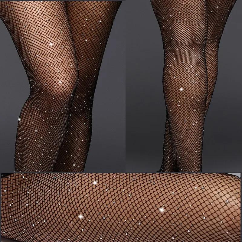 Sexy Mesh Socks with Hot Drilling Four Sided Open Cut No Take Off Small Mesh Pantyhose Hollowed Out Fine Mesh Leggings