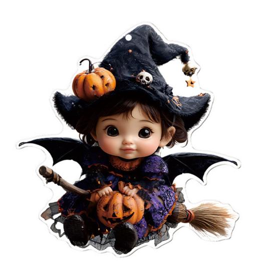 Car Mirror Hanging Decoration Cartoon Witch Cat/Kids 2D Flat Acrylic Pendant Halloween Car Rearview Mirror Ornament for Window Wall Auto Interior