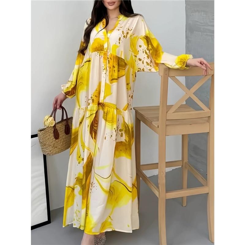 New Boho Floral Print Long Dress Loose Fit Long Sleeve V-Neck Plus Size For Women