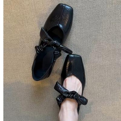 05 New Shallow Single Shoes Women's One-word Flat Shoes with Bows and One-foot Square Head Mary Jane Shoes