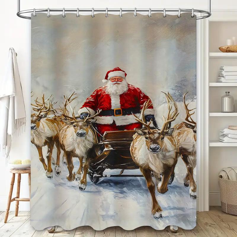 Tuniu Festive Santa'S Sleigh Holiday Shower Curtain Charming Christmas Deer Forest Backdrop Cozy Winter Bathroom Decor Fun Reind