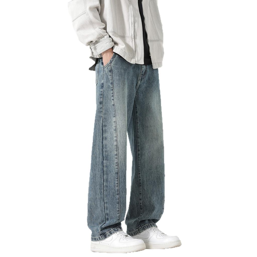 American Retro Trendy Brand Wide-leg Drape Jeans Men's Autumn and Winter New Loose Straight Splicing Long Pants
