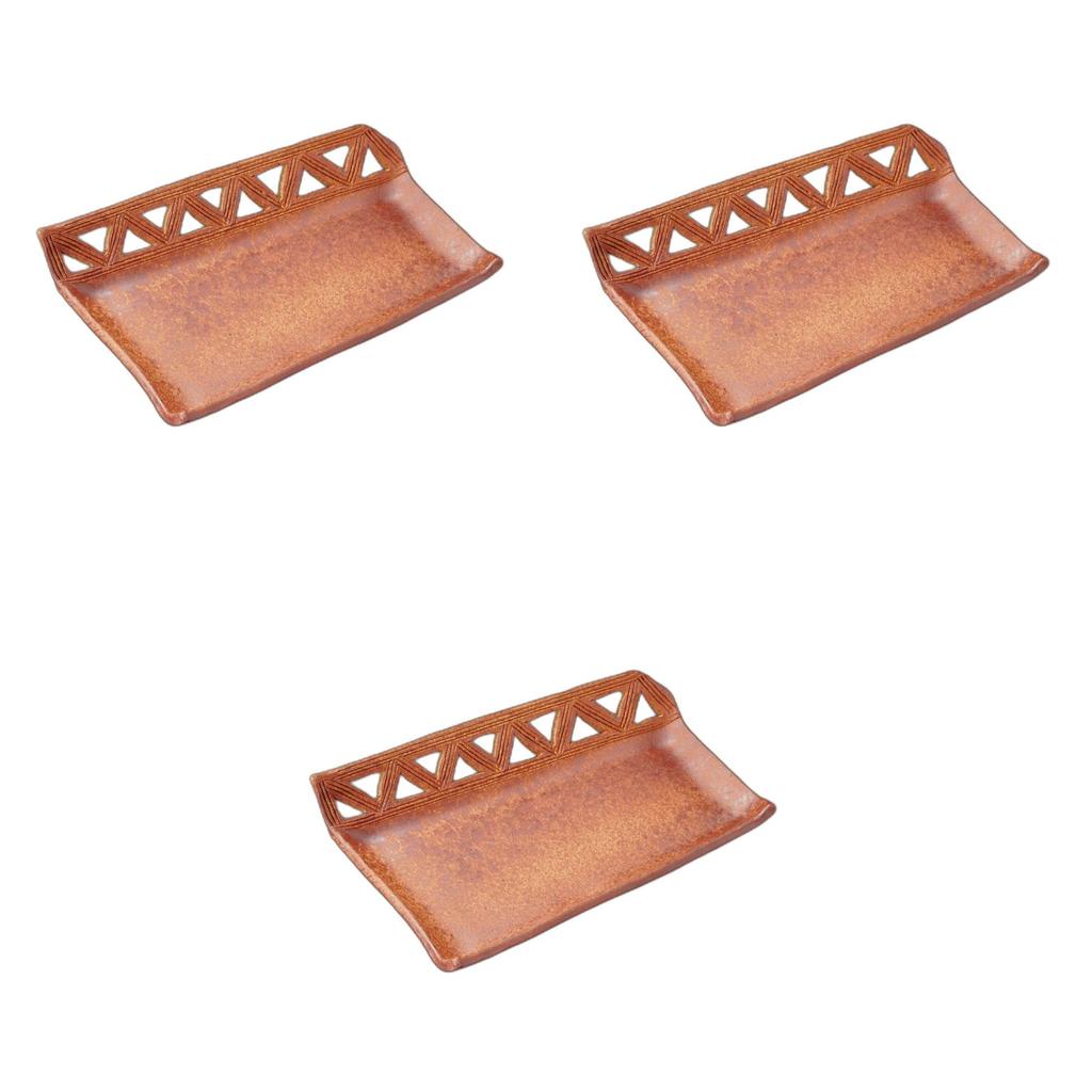 Set of 3 Openwork Irregular Shape Pottery Dishes X X Pottery Setomonohonpo Fire-Colored (Large) (Handmade) [22 15.5 4cm] Dishes, Ceramic,
