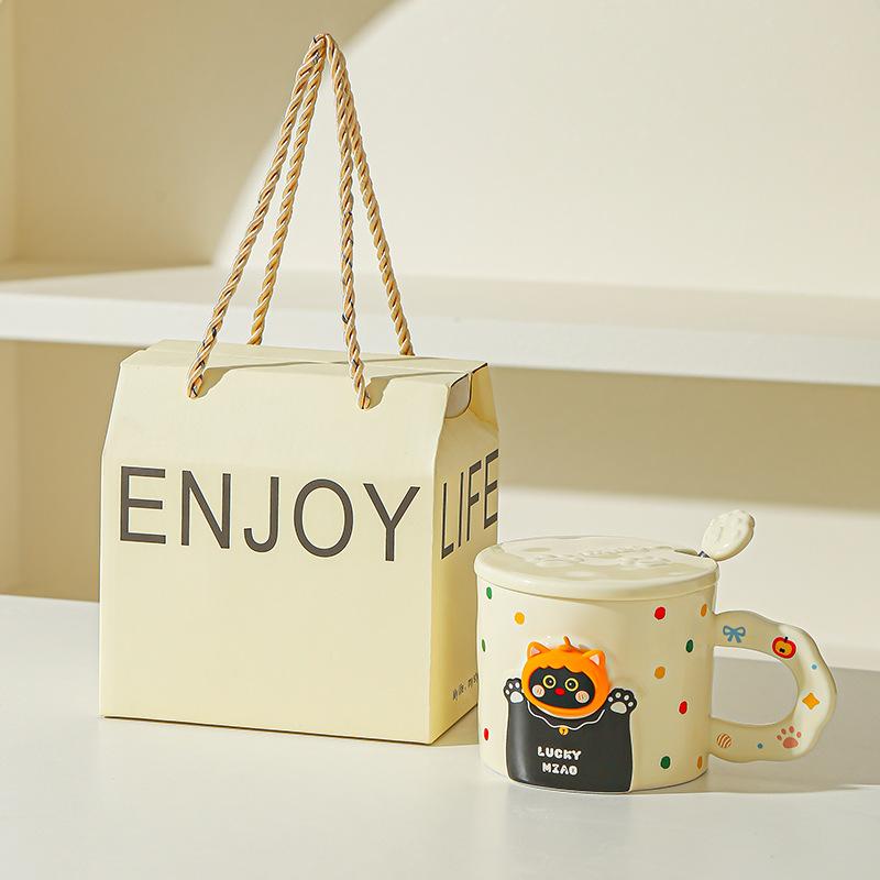 Cute cat ceramic mug with lid spoon coffee water cup couple cup with gift high value