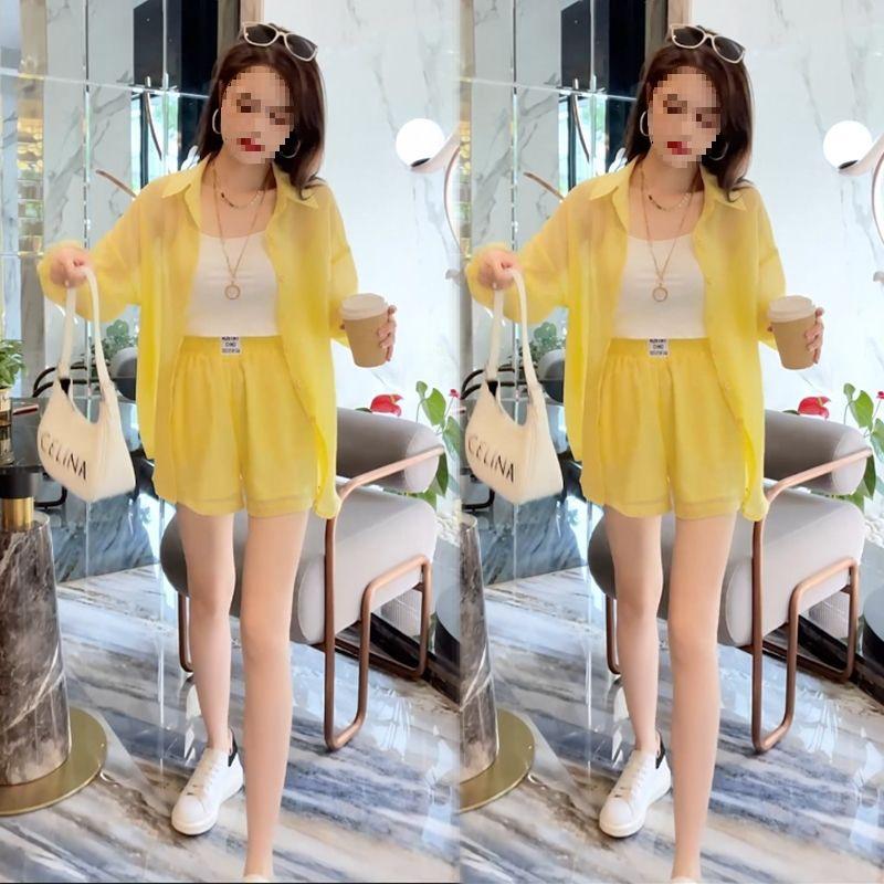 Chic Sun Protection Outfit: Women's Petite, Loose-Fit Three-Piece Set - Outer Shirt and Shorts for Summer