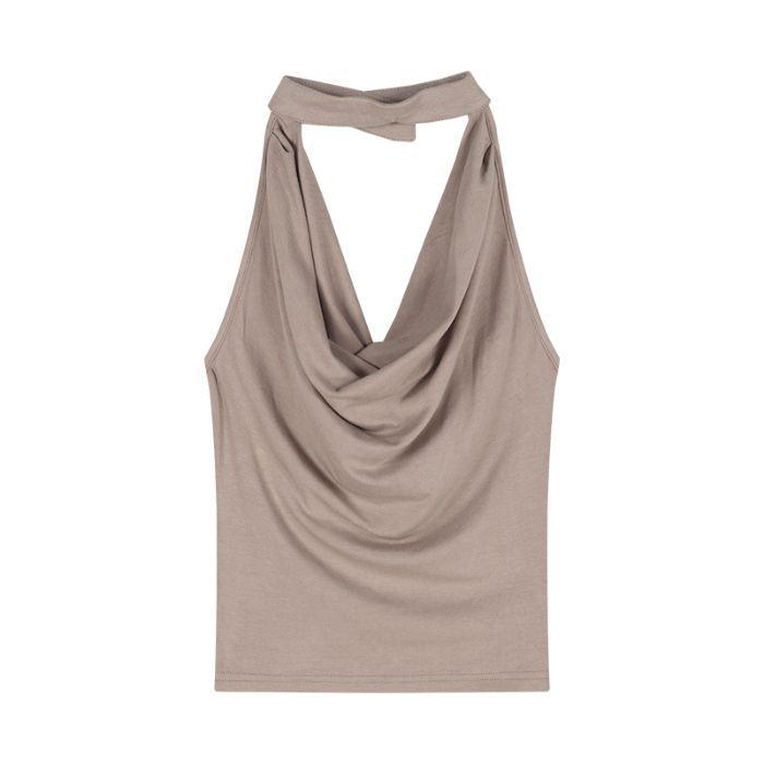 Khaki Backless Cowl Neck Halter Tank Top - Women's Summer Sleeveless Top