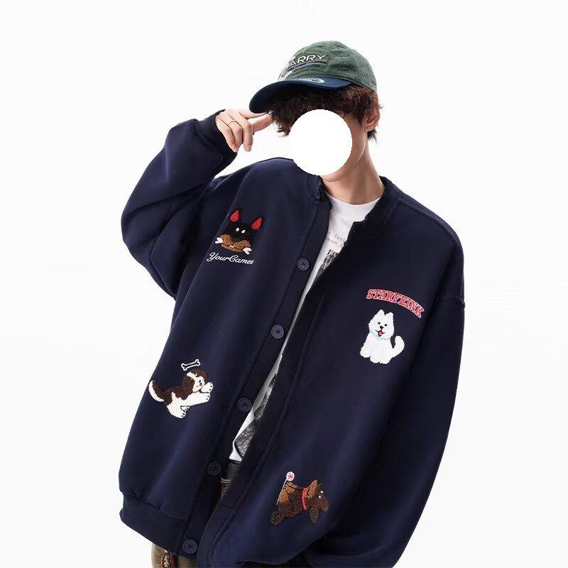 

Men s Funny Embroidered Hoodie Cardigan: American Style, Plus Velvet, Loose Fit, Autumn/Winter Leather Baseball Jacket L