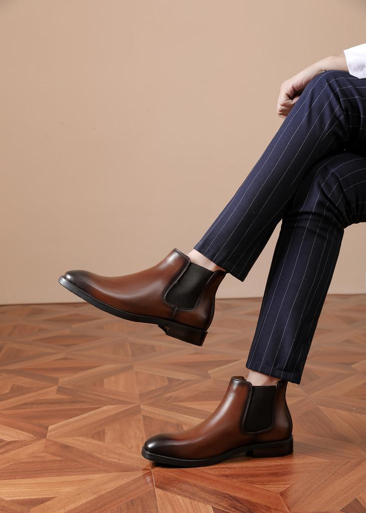 Luzean Men's Side-Gore Chelsea Boots, Genuine Leather, Business Boots, Coffee, Size 25.5cm
