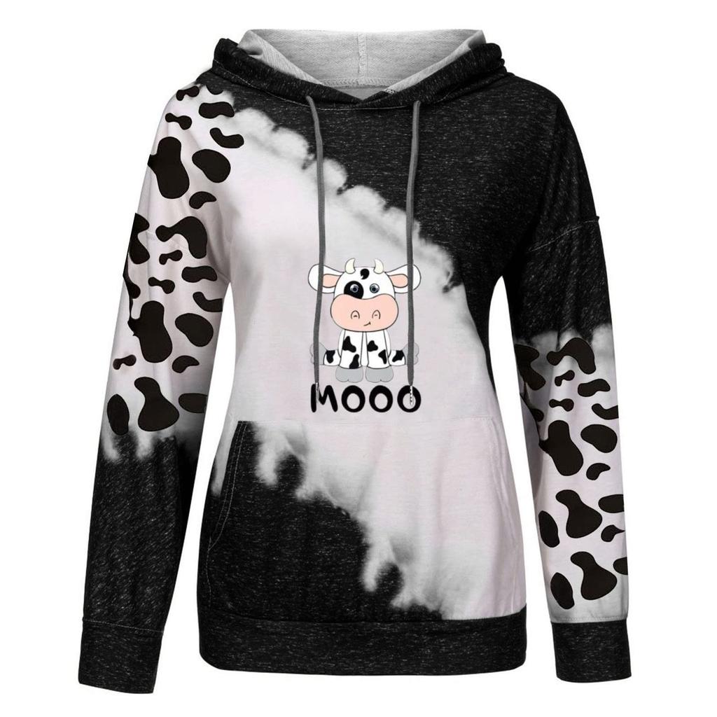 Women's Cute Cow Print Sweatshirt Long Sleeve Hooded Casual Tops Shirts