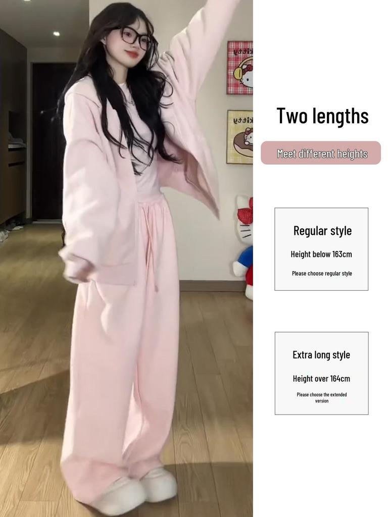 Women's Pink Wide-Leg Knife Pleat Sweatpants - Spring 2026 Korean Style, High Waist, Slimming Petite Fit