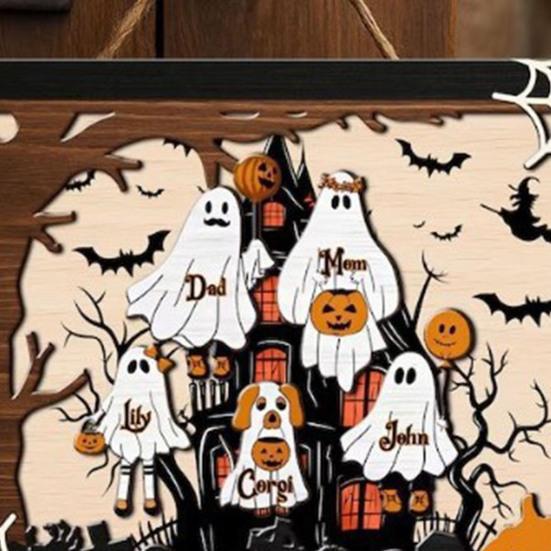 Halloweenská rodinná cedule s duchem Dřevěný fotorámeček s duchem Stolní dekorace pro Halloween Selský police Stolní domácí dekorace