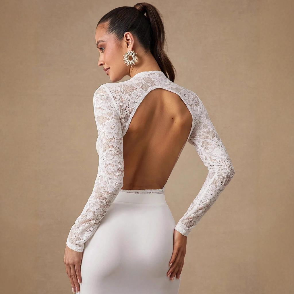 Spring Lace Long Sleeve Solid Color Sexy Slim Fit Base Layer One Piece Clothing Women Fashion Elegant Beach Vacation Casual Wear