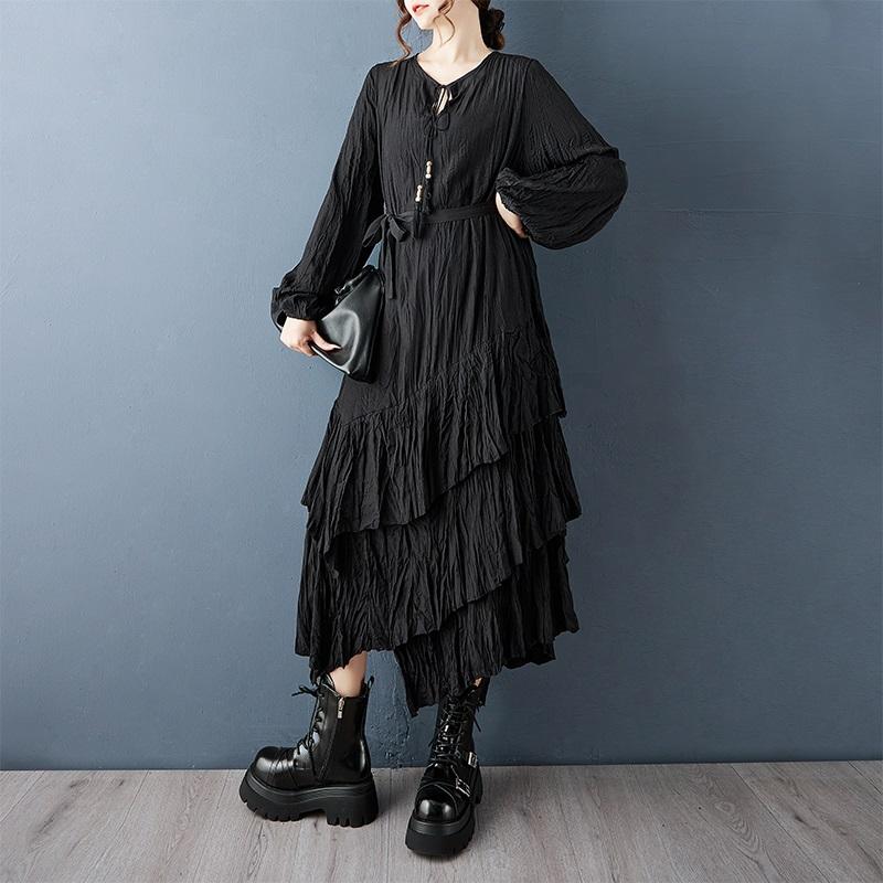 Long Sleeve Plus Size Black Vintage Pleated New In Dresses for Women Spring Autumn Casual Loose Dress