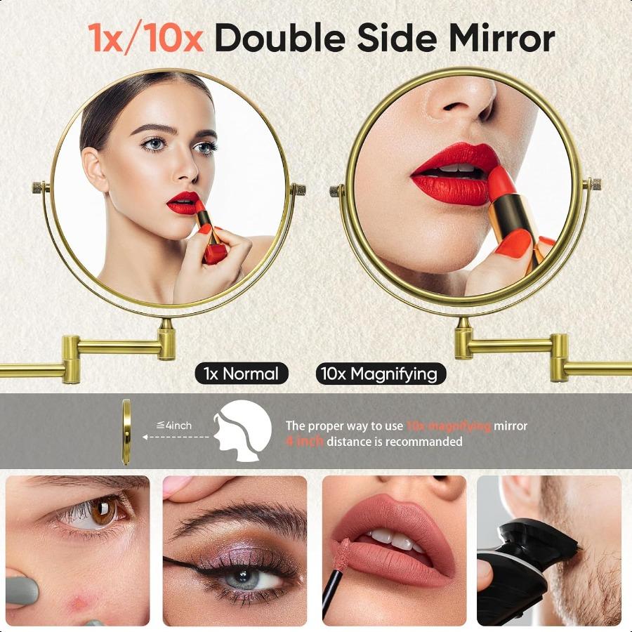 

GURUN 8 Настенное зеркало для макияжа с 10-кратным увеличением Двустороннее поворотное зеркало для ванной комнаты Отделка под античную сатинированную латунь M1306K 8 дюймов United States