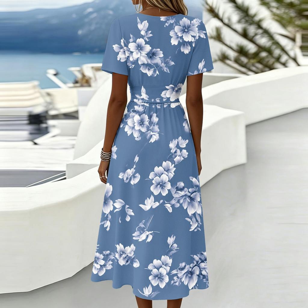 Womens Short Sleeve V Neck Floral Print Midi Dress Casual Elastic Waist Summer A Line Dress for Holiday and Daily Wear