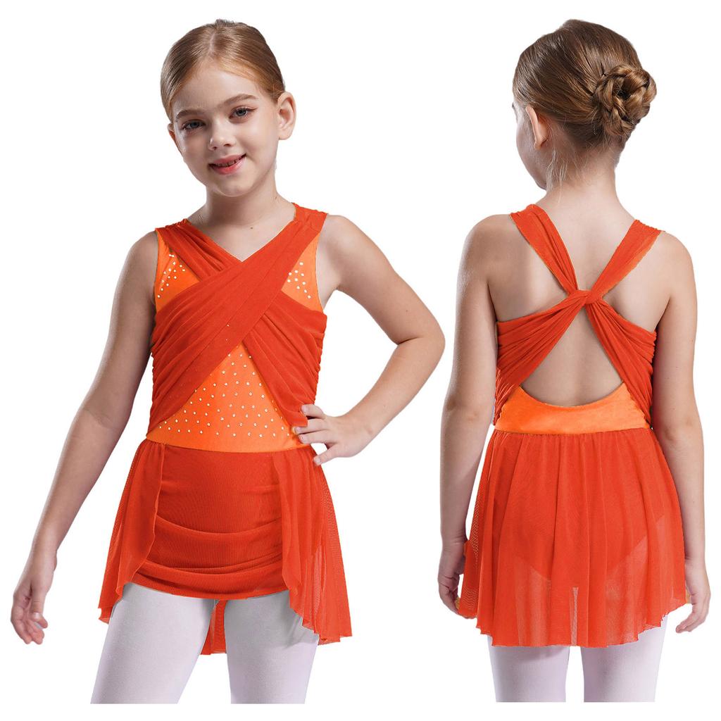 Girls Figure Skating Dress, Lyrical Dance Costume with Mesh Overlay, Cutout Back, Shiny Rhinestones & Irregular Hem