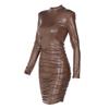 New Autumn and Winter PU Leather Fashion Sexy Dress Women Slim Fit Shoulder Pad Pleated Black Dresses Women Long Sleeve Casual Lady Party Dress 25842