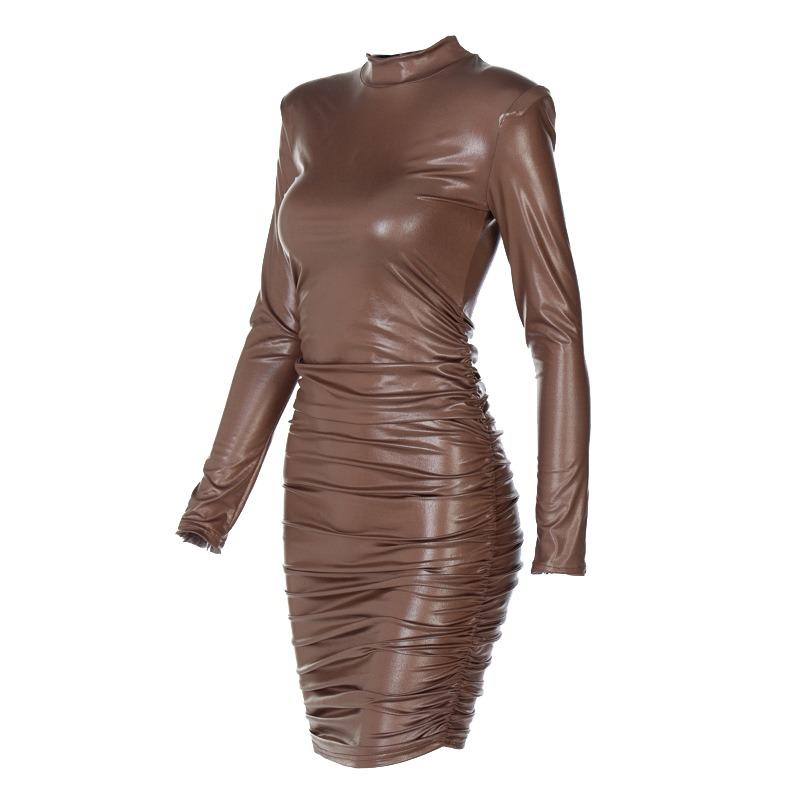 New Autumn and Winter PU Leather Fashion Sexy Dress Women Slim Fit Shoulder Pad Pleated Black Dresses Women Long Sleeve Casual Lady Party Dress 25842