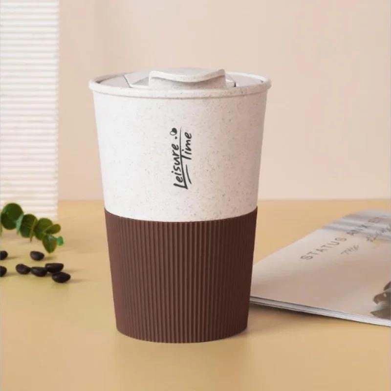 1PCS Portable Coffee Cup Double Wall Mug Wheat Straw Material Plastic Travel Water Cup with Lid for Women Men Drinking Cup Gift