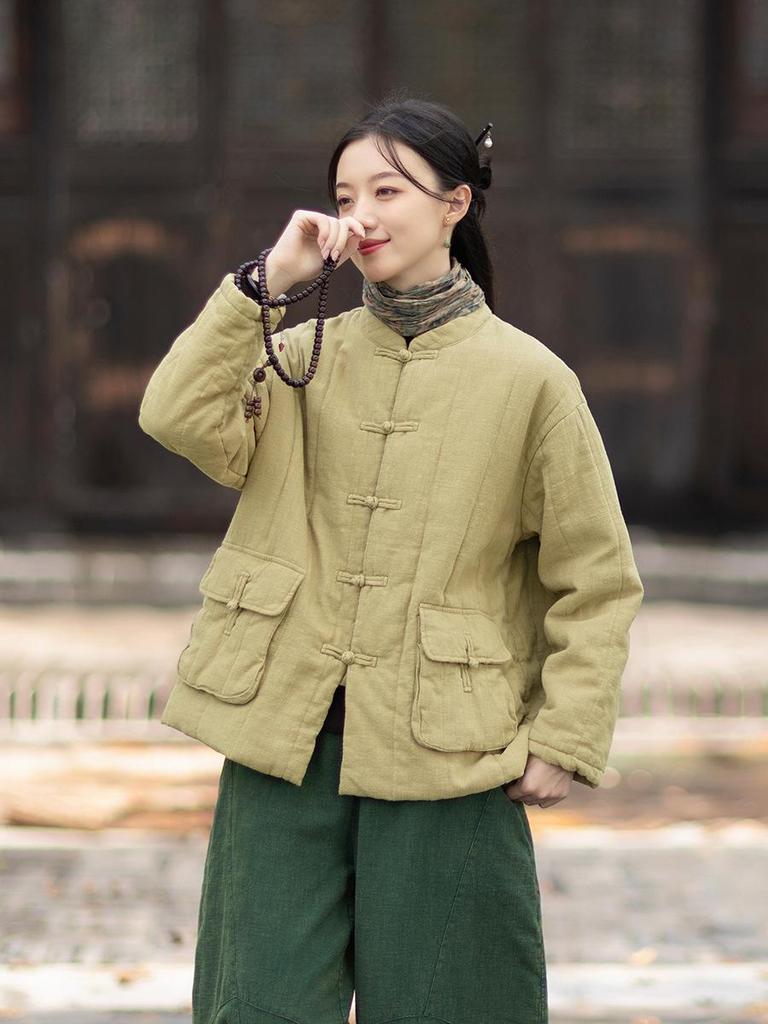 Silent Recitation: Women's Retro Quilted Vertical Stripe Cotton Jacket with Stand-up Collar and Frog Buttons