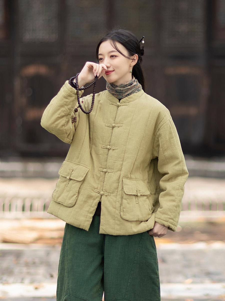 

Silent Recitation: Women s Retro Quilted Vertical Stripe Cotton Jacket with Stand-up Collar and Frog Buttons One Size