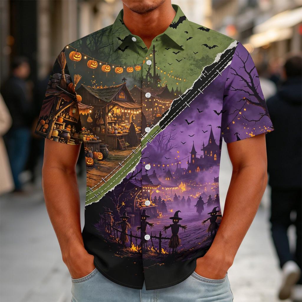 Men's Halloween Print Vintage Button Down Cardigan Shirt - Loose Fit Breathable Summer Casual Streetwear Top
