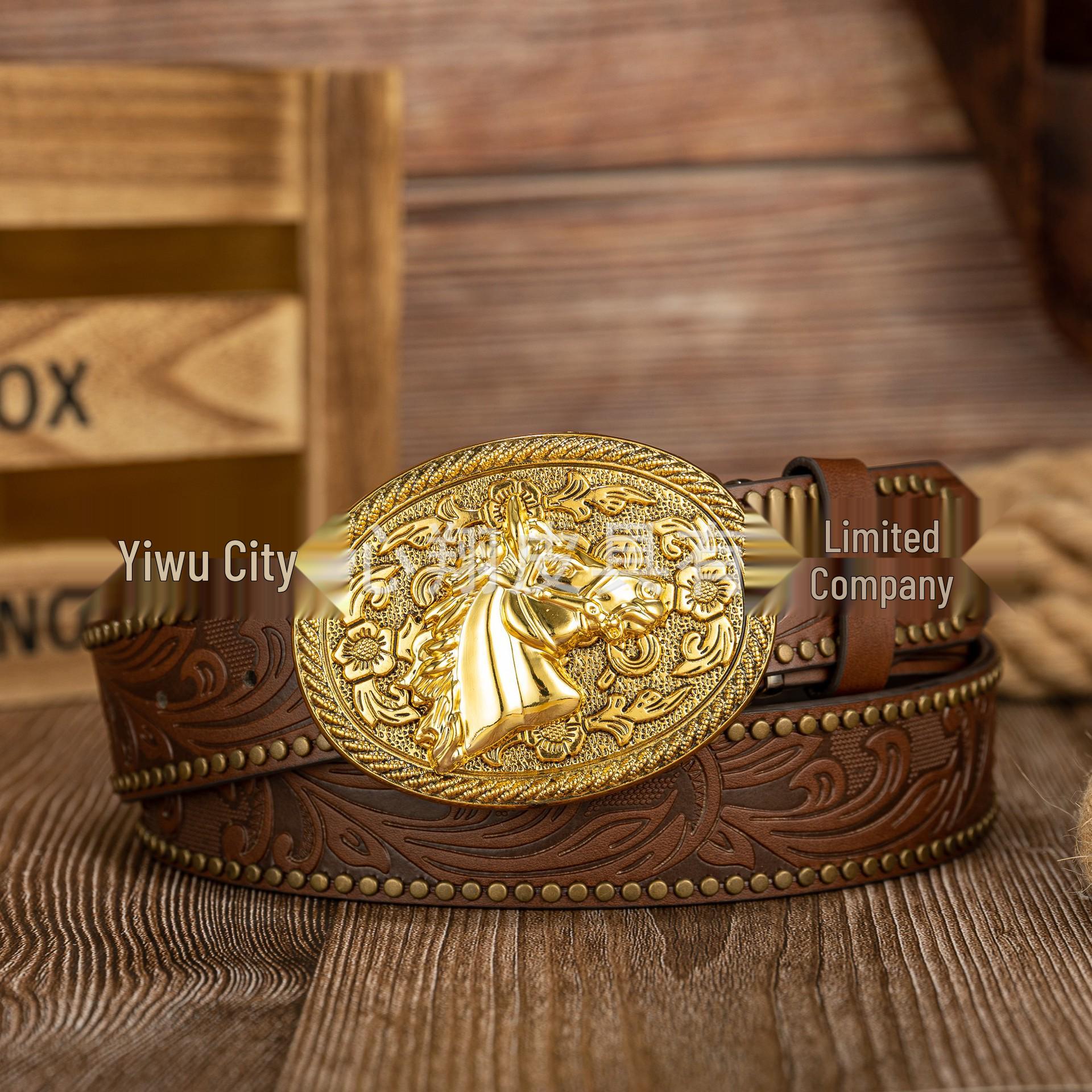 Western Cowboy Gold Lace Accent 3D Buckle Retro PU Leather Belt 120cm головы лошади
