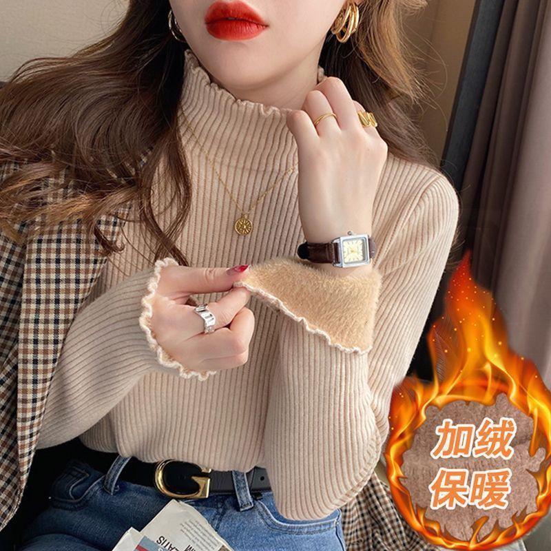 

New autumn and winter semi-turtleneck integrated fleece knitted sweater for women with warm backing sweater and fleece thickened top One Size