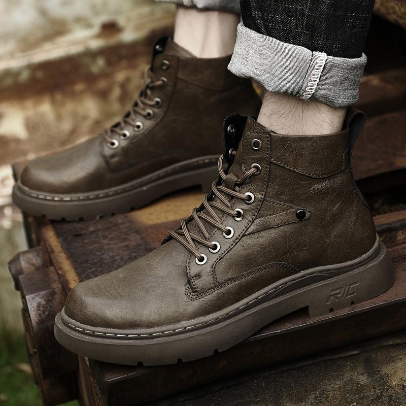 British Style Men's Genuine Leather Work Boots Classic High-Top Laced Walking Boots Outdoor Durable Comfortable And Casual Boots