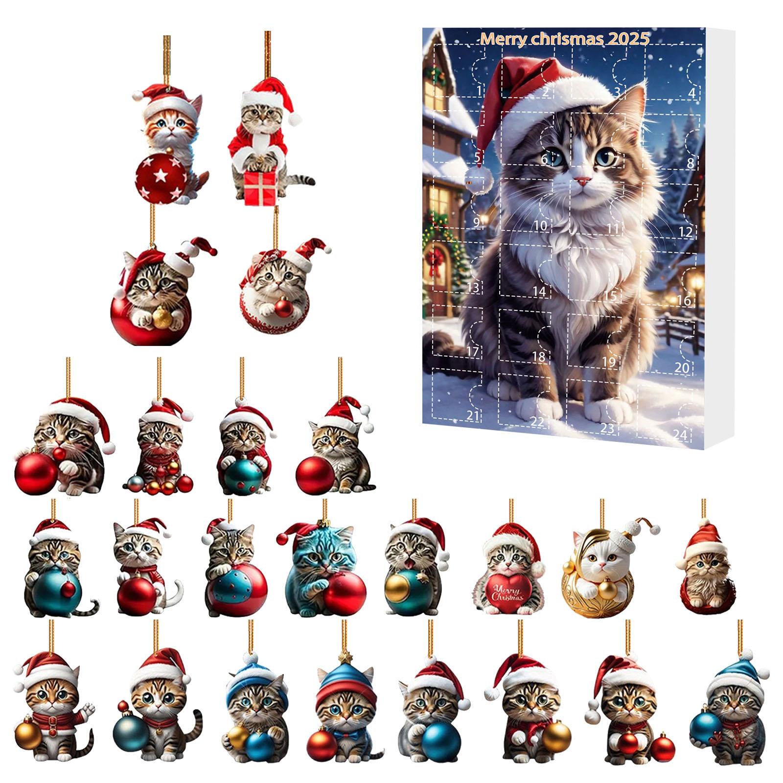 

Christmas Advent Calendar with Santa Hats Hanging Cat Ornaments Acrylic Mini Xmas Tree Cat Pendant for Kids Toddlers Xmas Gifts
