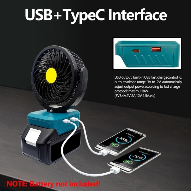 Kompakter 18V kabelloser Klappventilator mit USB-Anschluss für BL1815, BL1830, BL1840, BL1845, BL1860 Akku-Werkzeug zur Kühlung unterwegs